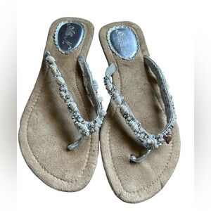 Beaded Beige Suede Flip Flop Sandals - Women
